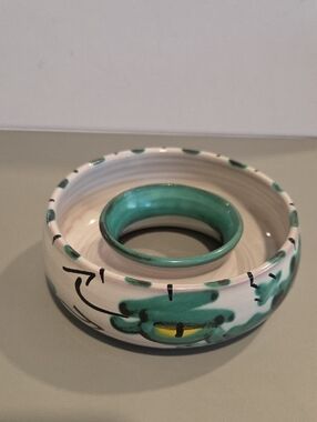 Hand-Painted Ceramic Decorative Plantet in White and Greenish Blue